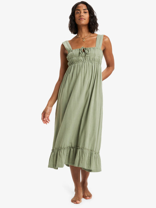 Womens Paradise Winds Flowy Midi Dress With Elastic Bodice Detailing