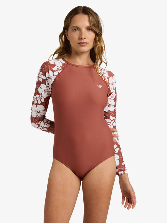 Womens Basic Mix Long Sleeve One Piece Swimsuit