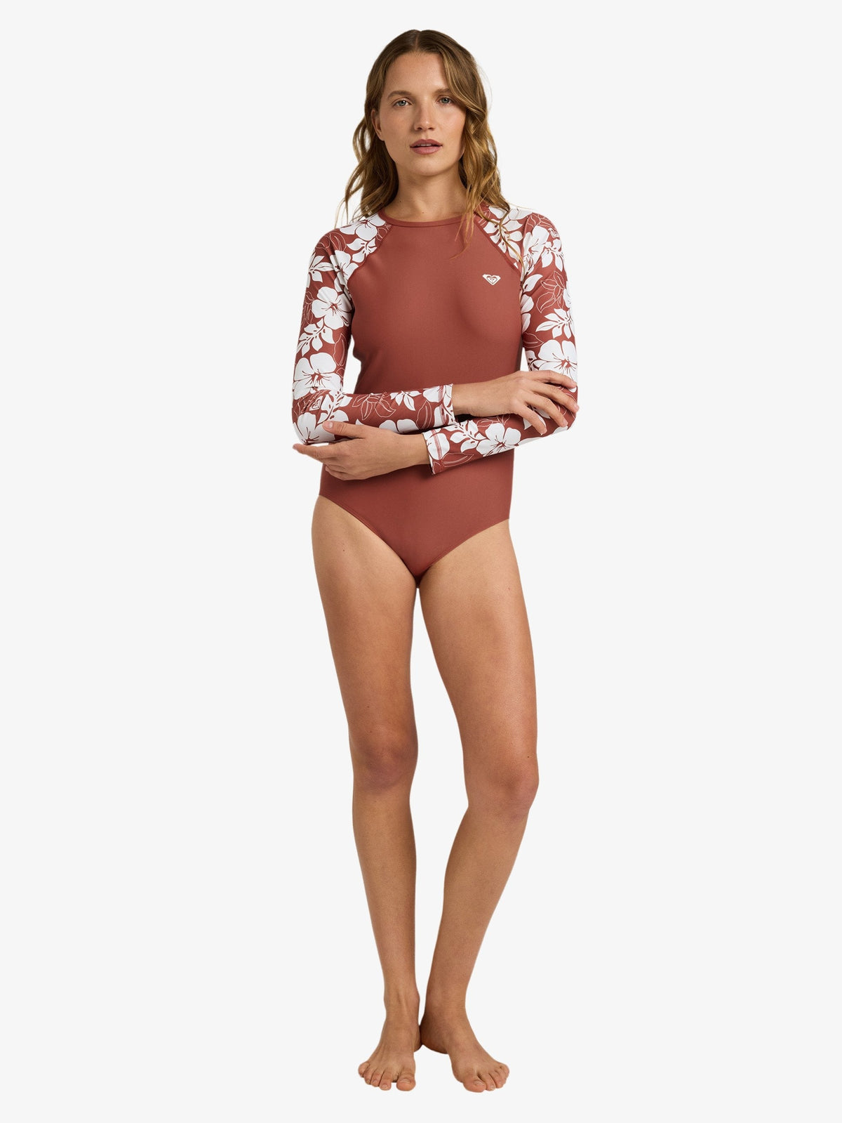 Womens Basic Mix Long Sleeve One Piece Swimsuit