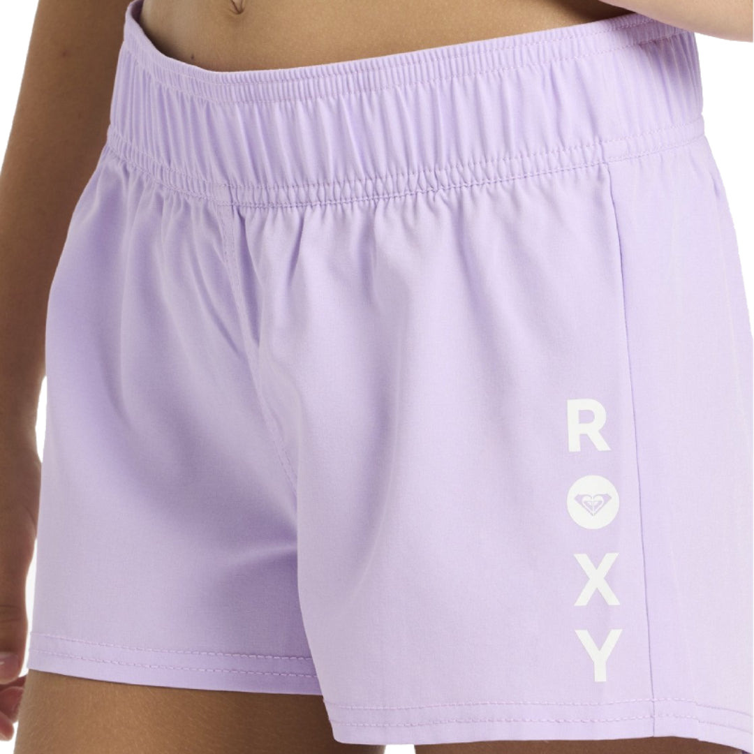 Lavender shorts with 'ROXY' branding on a white background
