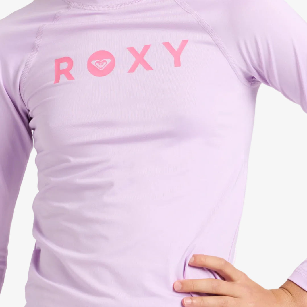 Purple long-sleeve shirt with 'ROXY' logo on a white background