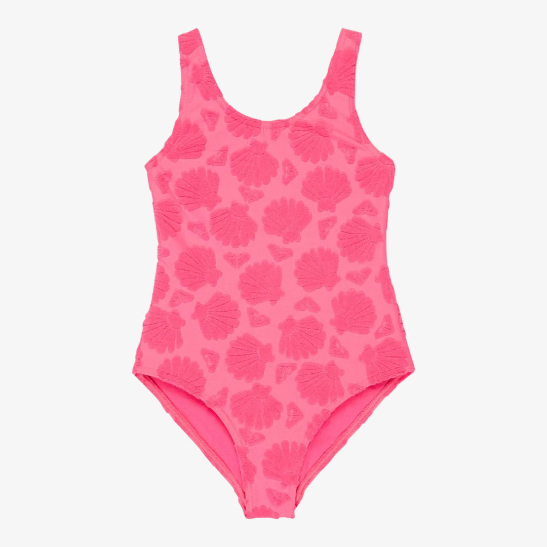 Pink swimsuit with shell pattern on a white background