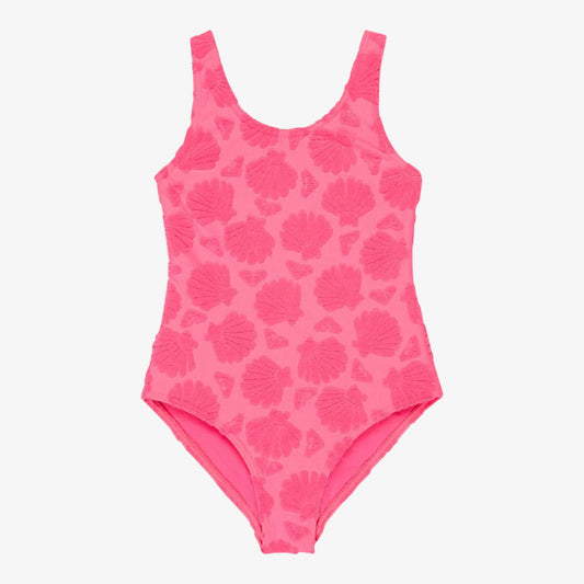 Pink swimsuit with shell pattern on a white background