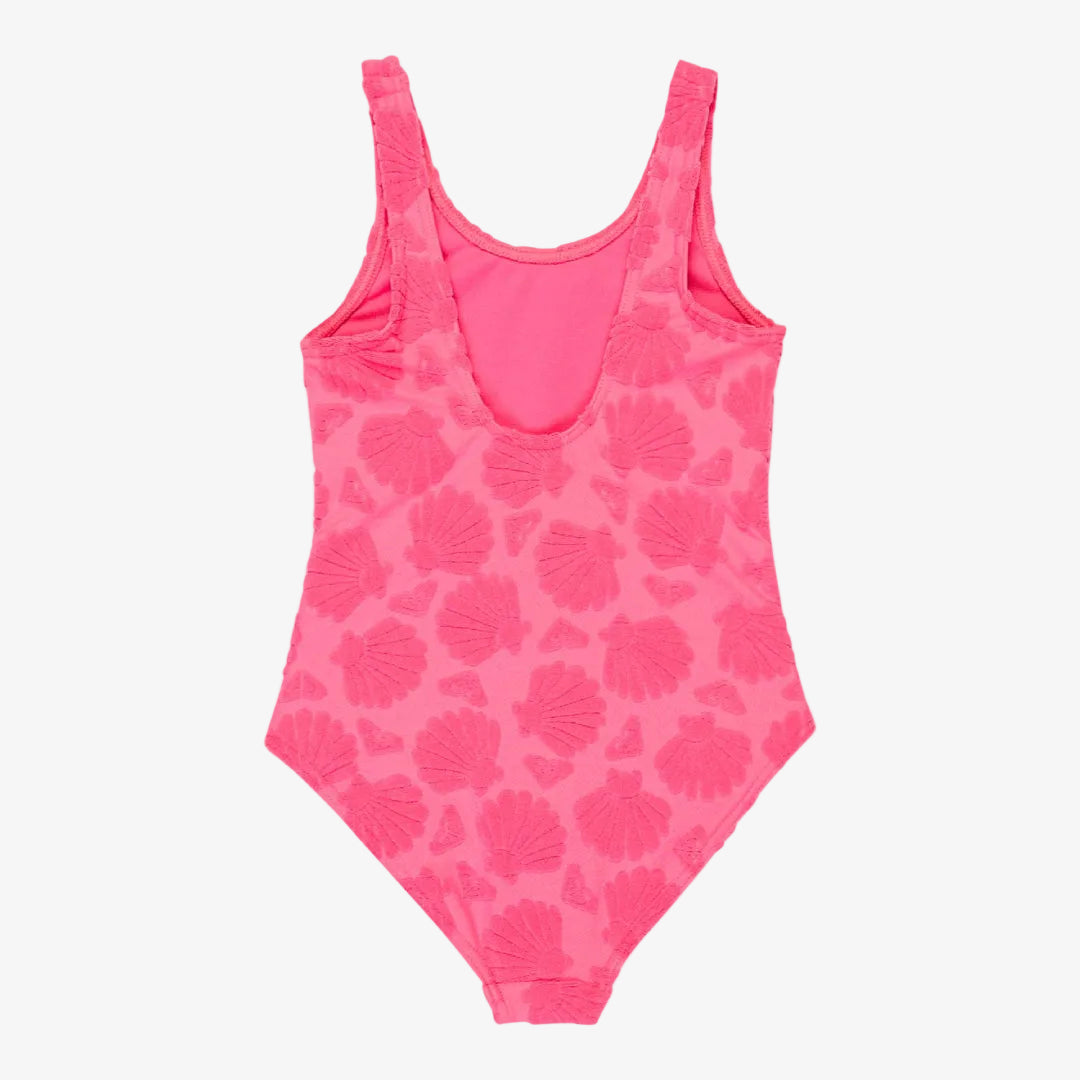 Pink swimsuit with seashell pattern on a white background