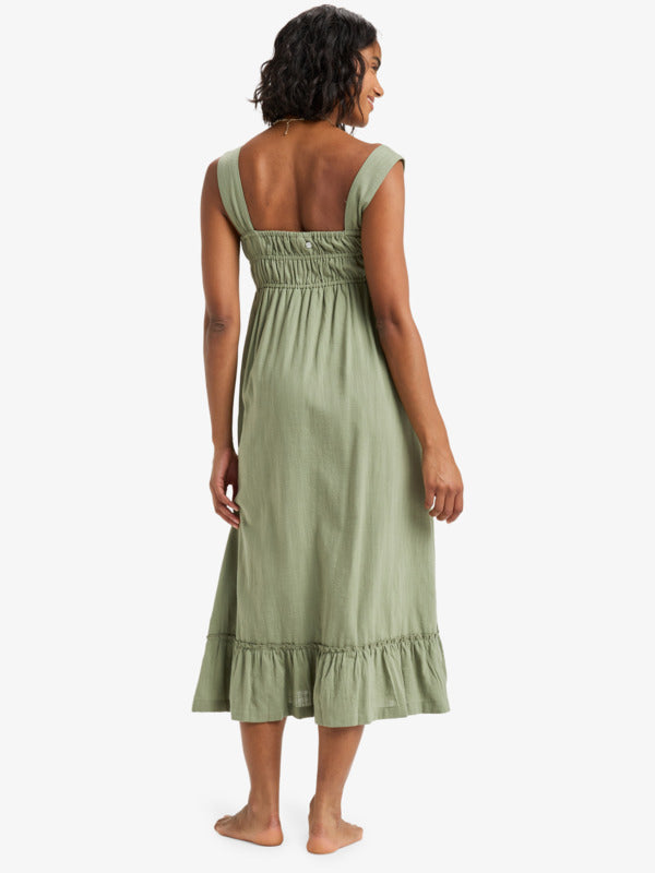 Womens Paradise Winds Flowy Midi Dress With Elastic Bodice Detailing