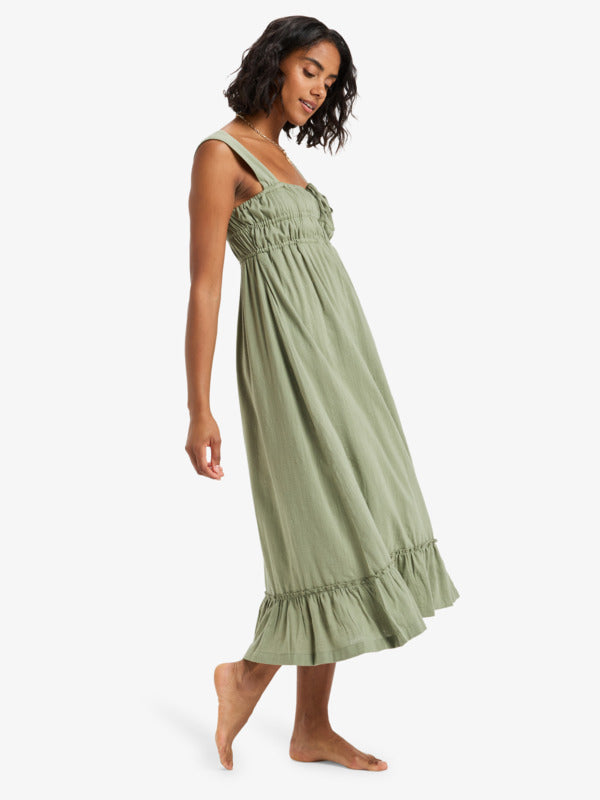 Womens Paradise Winds Flowy Midi Dress With Elastic Bodice Detailing