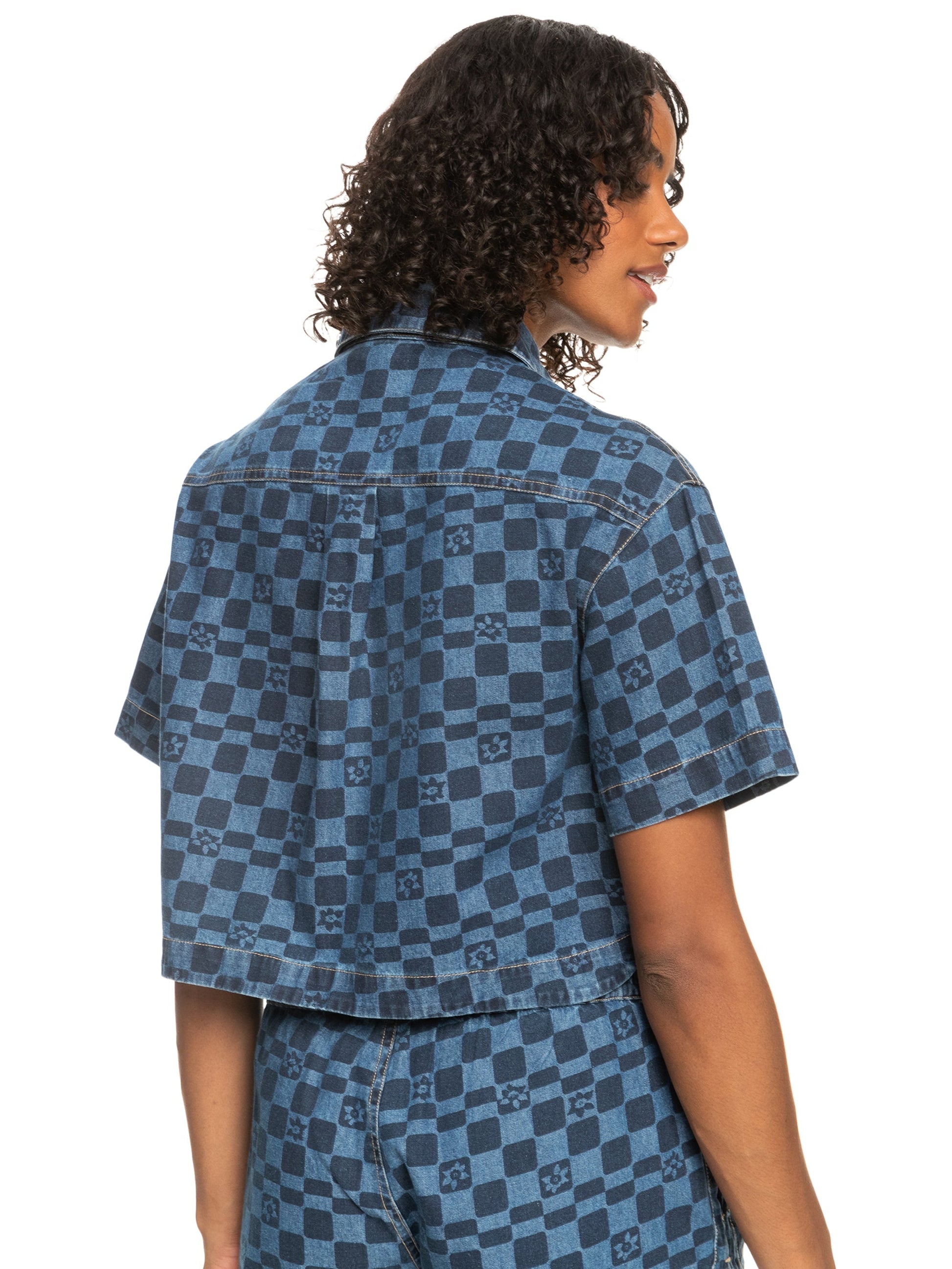 Womens Blue Wave Club Printed Short Sleeve Denim Shirt - Roxy Singapore