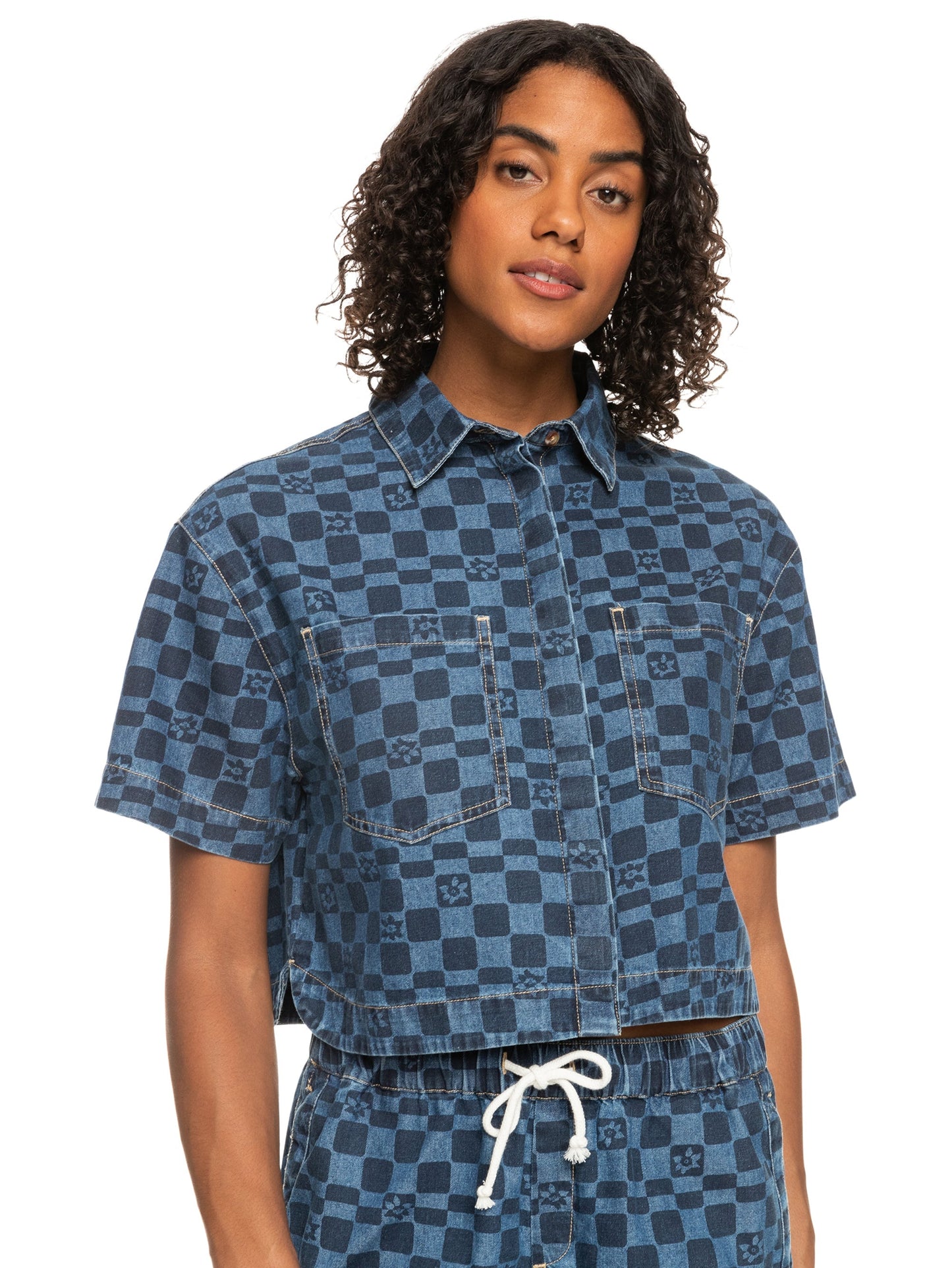 Womens Blue Wave Club Printed Short Sleeve Denim Shirt - Roxy Singapore