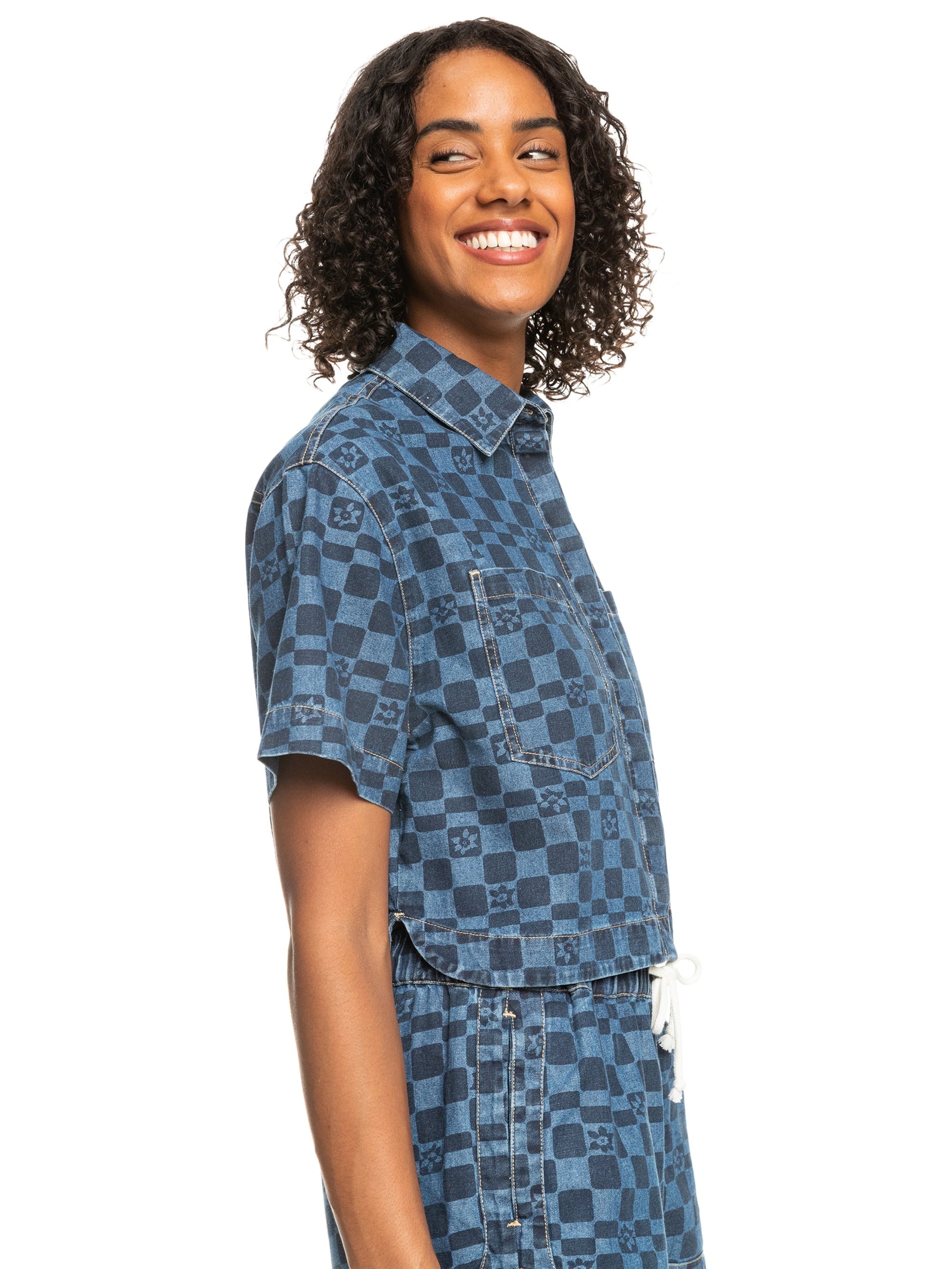 Womens Blue Wave Club Printed Short Sleeve Denim Shirt - Roxy Singapore