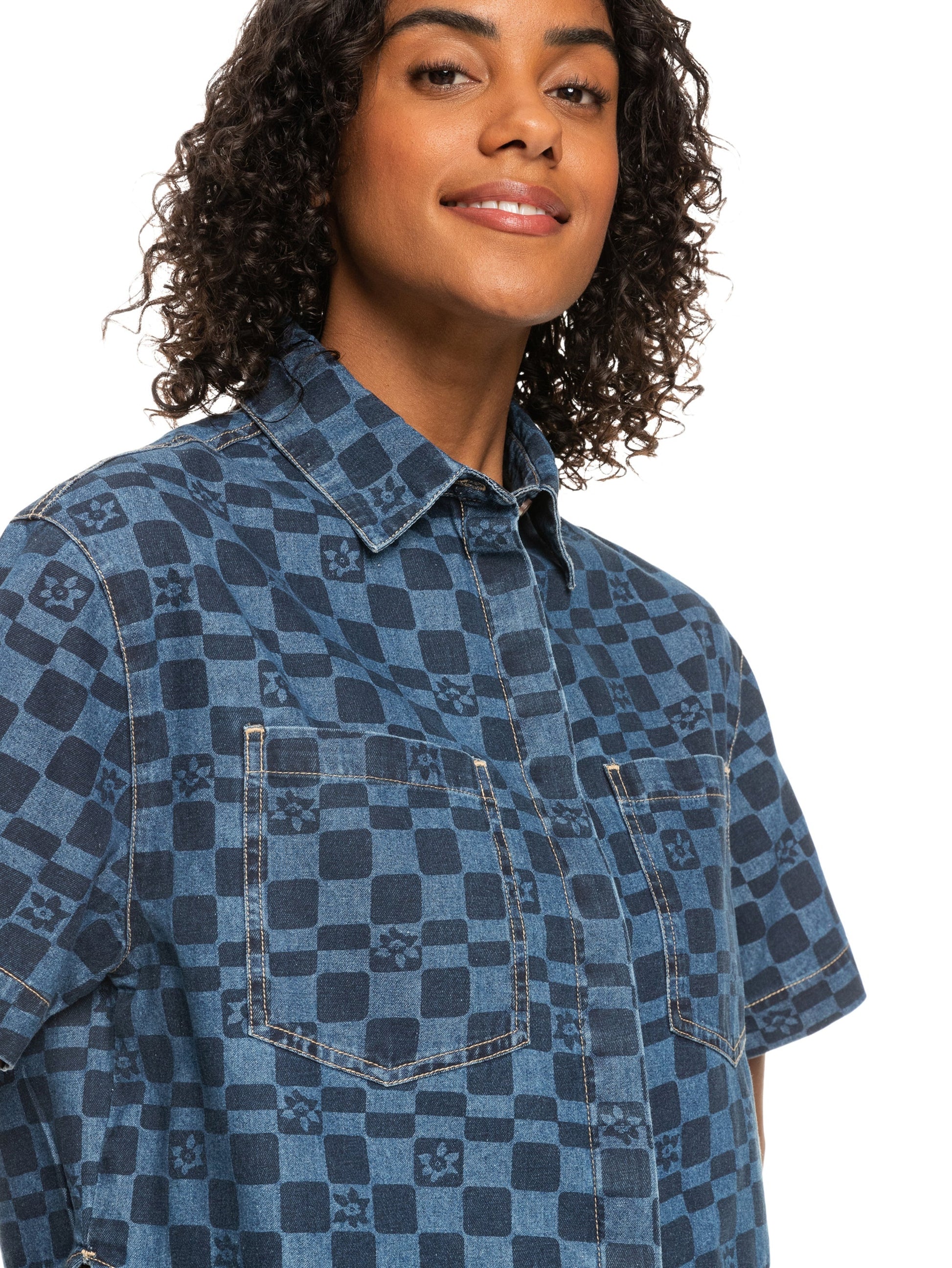 Womens Blue Wave Club Printed Short Sleeve Denim Shirt - Roxy Singapore